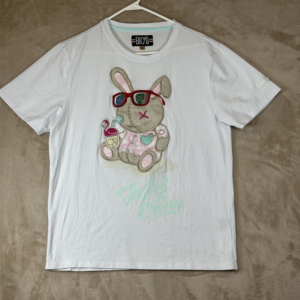 BKYS Shirt Mens Medium White Lucky Charm Bunny Easter Embroidered Graphic Tee